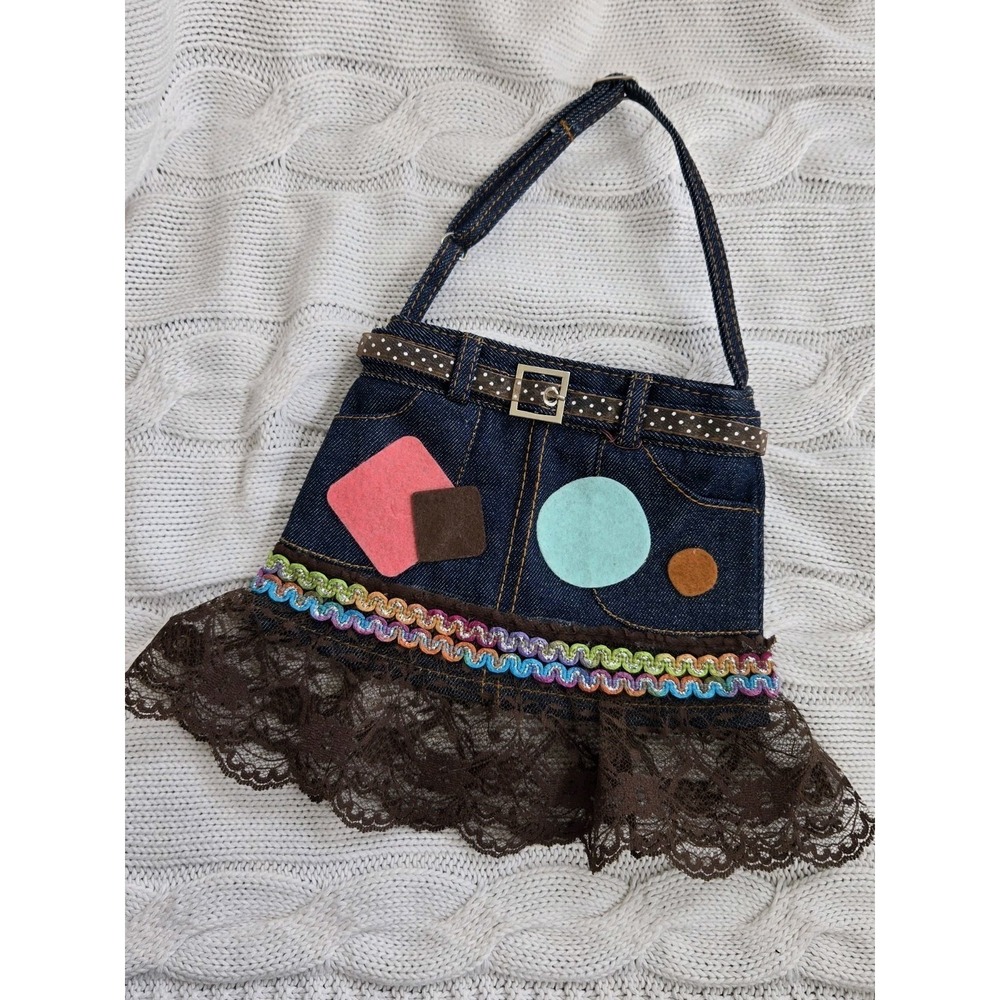 Denim Skirt Purse Child Size Adjustible Shoulder Strap Lace Bottom Zip Closure